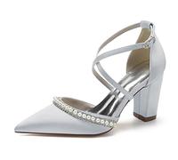 Women's High Block Heel Bridal Shoes Satin Cross Ankle Strap Pumps Pointed Toe Pearls Wedding Party Court Shoes,Silver,5 UK
