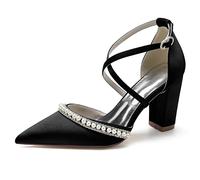 Women's High Block Heel Bridal Shoes Satin Cross Ankle Strap Pumps Pointed Toe Pearls Wedding Party Court Shoes,Black,6 UK