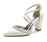 Women's High Block Heel Bridal Shoes Satin Cross Ankle Strap Pumps Pointed Toe Pearls Wedding Party Court Shoes,Ivory,6 UK
