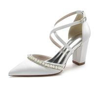 Women's High Block Heel Bridal Shoes Satin Cross Ankle Strap Pumps Pointed Toe Pearls Wedding Party Court Shoes,White,6 UK