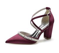 Women's High Block Heel Bridal Shoes Satin Cross Ankle Strap Pumps Pointed Toe Pearls Wedding Party Court Shoes,Burgundy,7 UK