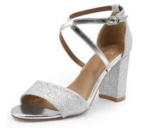 Womens High Block Heels Glitter Shoe Ankle Crossover Strap Ladies Comfort Support Sparkly Wedding Bridal Prom Graduation Shoes Evening Party Occasion Heeled Open Toe Strappy Dress Wide Fit Sandals