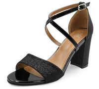 Womens High Block Heels Glitter Shoe Ankle Crossover Strap Ladies Comfort Support Sparkly Wedding Bridal Prom Graduation Shoes Evening Party Occasion Heeled Open Toe Strappy Dress Wide Fit Sandals