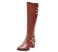 Women's High Boots Leather Block Heel Burgundy With Gold Buckles Large Size Non-Slip Boots Jumper Style Elegant Boots Shoes Autumn And Winter, brown, 9.5 UK