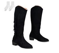 Women's High Boots with Fringes, Pointed Toe Short Slip-On Boots with Low Heel, Elegant Plus Size Wide Calf Boots, Autumn Winter Wide Tube Slip-On Shoes for Everyday Wear,Black,4.5 UK