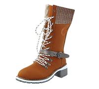 Women's High Boots with Heel Laced - Wide Shaft Boots Women's Xxl Shaft with Buckles Riding Boots Knitted Half Boots Vintage Elegant Transition Boots Lined Texani Boots Traditional Shoes, brown, 8 UK