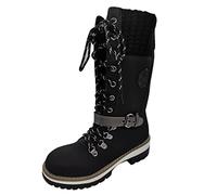 Women's High Boots with Heel Laced - Wide Shaft Boots Women's Xxl Shaft with Buckles Riding Boots Knitted Half Boots Vintage Elegant Transition Boots Lined Texani Boots Traditional Shoes, black, 9 UK