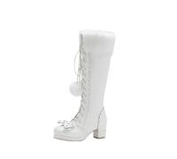 Women's High Boots With Plush Lapels Japanese Lolita Long Shaft Boots With Bow Sweet Lace-Up Boots With Hair Ball Winter Warm Snow Boots PU Leather Party Shoes With Block Heel ( Color : White , Size :