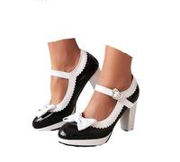 Women's High Chunky Heel Mary Jane Pumps with Bow-Tie & Lace-Trim Retro Bavarian Ankle Strap Court Shoes Supportive Oktoberfest Dirndl Comfort Black