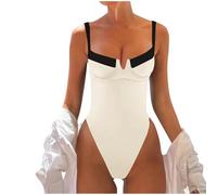 Women's High Cut V Neck Swimsuit Color Block Bathing Suit Slimming Spaghetti Strap Swimwear for Beach Pool Vacation (White, XL)