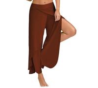 Womens High Elastic Waisted Casual Yoga Pants Wide Leg Slit Cropped Trousers Comfy Palazzo Pants Coffee