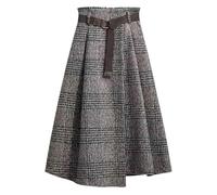 Womens High Elastic Waisted Vintage Plaid Asymmetrical Skirts Fall Winter A-line Midi Skirt Swing Pleated Flared Skirts with Belt Gray