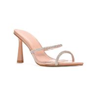 Women's High Heel Clear Mule Ladies Sparkly Diamante Slip On Nude Patent Sandals Perspex Peep Toe Party Shoes Size 4