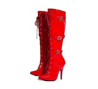 Women's High Heel Knee High Boots Lace Up Stiletto with 3 Buckles & Side Zip Edgy Punk Gothic Style Sexy Footwear UK 3-12 (Red, 4, UK Footwear Size System, Adult, Women, Numeric, Medium, 4)