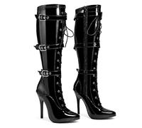 Women's High Heel Knee High Boots Lace Up Stiletto with 3 Buckles & Side Zip Edgy Punk Gothic Style Sexy Footwear UK 3-12 (Black, 6, UK Footwear Size System, Adult, Women, Numeric, Medium, 6)