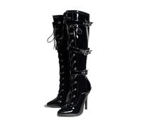Women's High Heel Knee High Boots Lace Up Stiletto with 3 Buckles & Side Zip Edgy Punk Gothic Style Sexy Footwear UK 3-12 (Black, 7, UK Footwear Size System, Adult, Women, Numeric, Medium, 7)