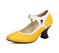 Women's High Heel Pumps 7cm Block Heel Mary Jane Shoes Retro Round Toe Two Tone Color Block for Office & Dating (PU),Yellow,4 UK