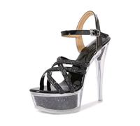 Women's High Heel Sandals Open Toe Ankle Strap Shiny Sequins Evening Style High Heel Sandals Women Platform Comfortable for Parade Dance Show, Black, 4 UK