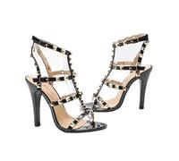 Womens High Heel Sandals Studded Rivet Buckle Ankle Strappy Stiletto Shoes - Ladies Open Toe Office Party Heeled Sandal Black Patent, 6