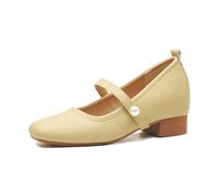 Women's High Heeled Mary Jane Sweet Pearls Square Toe Dinner Wedding Shoes Flat Lightweight Slip on Comfortable Smart Work Dress Shoes Brown 3.5