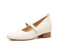 Women's High Heeled Mary Jane Sweet Pearls Square Toe Dinner Wedding Shoes Flat Lightweight Slip on Comfortable Smart Work Dress Shoes Beige 2.5