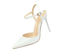 Women's High-Heeled Shoes - Women's Sandals with Heel and Ankle Laces, Elegant Satin Sandals, Sharp Toe Sandals with Buckle Ankle Straps for Ceremony Holidays and Evening, White, 4 UK