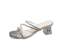 Women's High Heeled Slippers Rhinestone Butterfly Decorative Square Leaky Toe Dress Shoes Comfortable Flat Bottom Elegant Wedding Party Shoes Silver