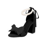 Women's High Heels Bow Pumps Block Heel 8 cm Velvet Evening Shoes with Pearl Slingback Elegant Heel Shoes Dance Shoes Latin Sandals Fish Mouth Retro Sandals 80s Outfit, Style R01 Black, 8.5 UK