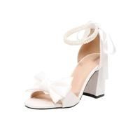 Women's High Heels Bow Pumps Block Heel 8 cm Velvet Evening Shoes with Pearl Slingback Elegant Heel Shoes Dance Shoes Latin Sandals Fish Mouth Retro Sandals 80s Outfit, Style R02 White, 2/2.5 UK
