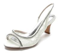 Women's High Heels, Bridal Shoes, Peep Toe Mid-Block Heel, Lace Satin Slip-On Strap, Wedding Dress Pump Sandals, 6.5cm Heel,E,40