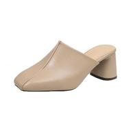 Women's High Heels Closed Toe Half Slippers Square Toe High Heel Sandals Fashionable Outer Wear Thick Heel Lazy Casual Mule High Heels Flat Evening Shoes for Women (Khaki, 7)