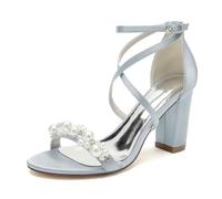 Women's High Heels, Open Toe Pearl Block Heels, Wedding Shoes for Bride, High Chunky Heels, Bridal Shoes, Crisscross Ankle Strap, Satin Heels Sandals,Silver,40