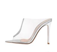 Womens High Heels Slide Sandals,Rhinestone Clear Pointed Toe Stiletto Mules,Fashion Slip On Heeled Evening Dress Shoes,Silver,5 UK