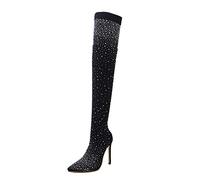 Womens High Heels Socks Fit Over The Knee Boots with Bling Rhinestones in Black Pointed Toe Stretch Bootie 1197-2 Black Size: 4.5-5