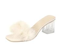 Womens High Heels Wide Fit Sandals Faux Fur Kitten Heel Summer Sandals Mules Slip On Open Toe Backless Dress Sexy Low Heeled Slipper Slides Fuzzy Slippers Sandal