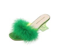 Womens High Heels Wide Fit Sandals Faux Fur Kitten Heel Summer Sandals Mules Slip On Open Toe Backless Dress Sexy Low Heeled Slipper Slides Fuzzy Slippers Sandal Green