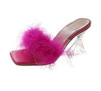Womens High Heels Wide Fit Sandals Faux Fur Kitten Heel Summer Sandals Mules Slip On Open Toe Backless Dress Sexy Low Heeled Slipper Slides Fuzzy Slippers Sandal