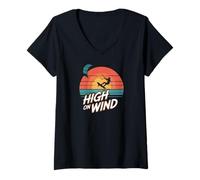 Womens High On Wind Kiteboarding Sunset Design V-Neck T-Shirt
