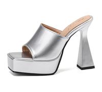 Women's High Platform Mules Square Toe Chunky Block Heel Open Toe Slip-On Sandals for Dancing & Nightclub Long Standing,Silver,10 UK