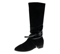 Women's High Slip-On Pointed Toe Cowboy Boots, Soft Comfortable Lace-Up Shoes, Flat, Classic, Vintage, Embroidery, Leather Casual Shoes, Simple Plain Knight Hunter Boots, black, 4 UK