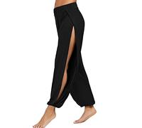 Womens High Split Harem Pants High Elasticated Waist Loose Baggy Hippie Split Yoga Pilates Pants Stretch Sports Trousers Black