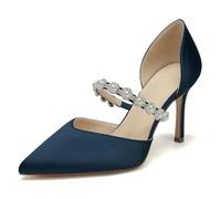 Womens High Stiletto Heel Wedding Court Shoes Ladies Pointed Toe Satin Pearls Strap Pumps Evening Bridesmaid Bridal Shoes,Navy,5 UK