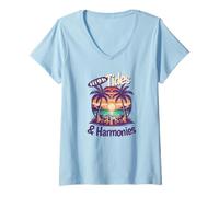 Womens High Tides and Harmonies Yacht Rock Sunset Tropical Lounge V-Neck T-Shirt