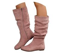 Women's High Top Cowboy Boots,Over The Knee Flat Boots for Women,Slip on Mid Calf Soft Leather Slouch Boots,Cowboy Cowgirl Booties With Low Chunky Heel Round Toe Slip-On Western Footwear