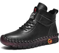 Women's High Top Leather Flat Sneakers Comfortable Soft Beef Tendon Ankle Boots Handmade Slip-on Warm Mom Non-Slip Walk Shoes(Black,7.5 UK)