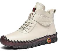Women's High Top Leather Flat Sneakers Comfortable Soft Beef Tendon Ankle Boots Handmade Slip-on Warm Mom Non-Slip Walk Shoes (Color : Bianco, Size : 5.5 UK)