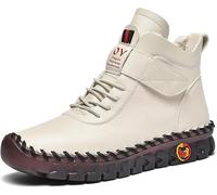 Women's High Top Leather Flat Sneakers Comfortable Soft Beef Tendon Ankle Boots Handmade Slip-on Warm Mom Non-Slip Walk Shoes(White,5.5 UK)