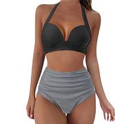 Women's High Waist Bikini Set Floral Print Beach Swimwear Plus Size Women's Two Piece Swimsuits Tummy Control Halter Neck Push-Up Padding Summer Beach Swimsuits 2025,for Beach Vacation White