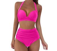Women's High Waist Bikini Set Floral Print Beach Swimwear Plus Size Women's Two Piece Swimsuits Tummy Control Halter Neck Push-Up Padding Summer Beach Swimsuits 2025,for Beach Vacation Hot Pink