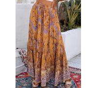Women's High Waist Flared Maxi Skirt, Orange Bohemian Print
